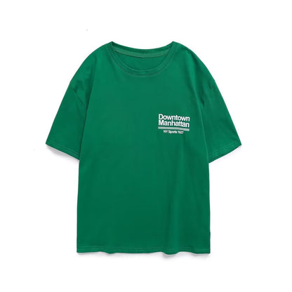 Green Printed T shirt Loose Casual round Neck Short Sleeves Women Summer