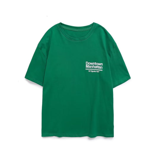 Green Printed T shirt Loose Casual round Neck Short Sleeves Women Summer