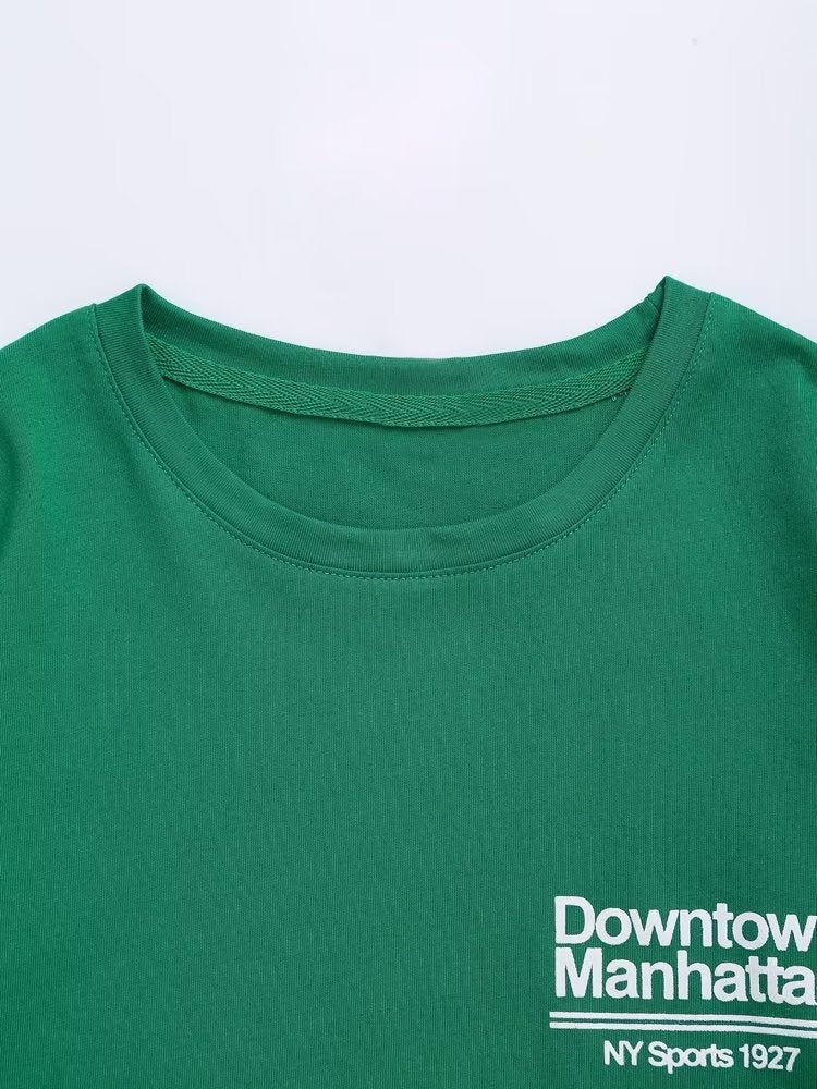 Green Printed T shirt Loose Casual round Neck Short Sleeves Women Summer