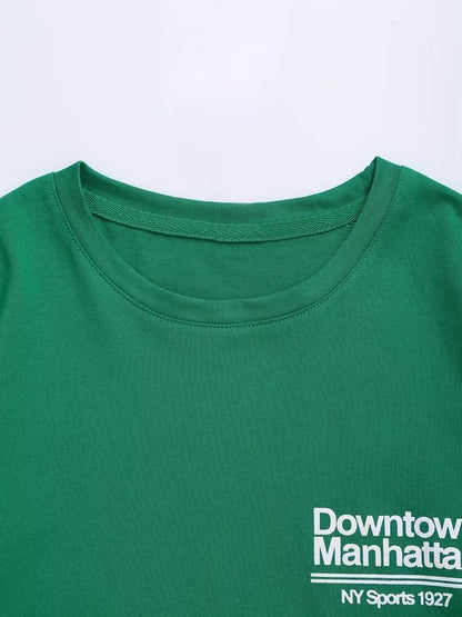 Green Printed T shirt Loose Casual round Neck Short Sleeves Women Summer
