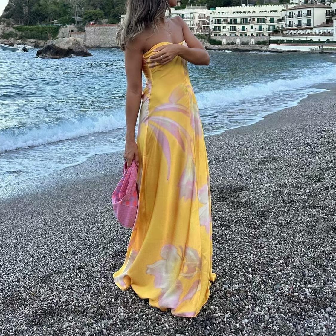 Halter Dress Digital Printing Wrapped Chest Sleeveless Pullover Backless Mid Waist Slim Fit A Line Dress