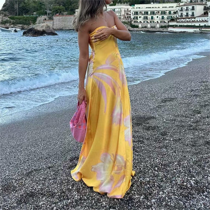 Halter Dress Digital Printing Wrapped Chest Sleeveless Pullover Backless Mid Waist Slim Fit A Line Dress