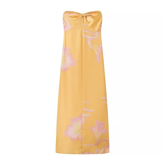Halter Dress Digital Printing Wrapped Chest Sleeveless Pullover Backless Mid Waist Slim Fit A Line Dress