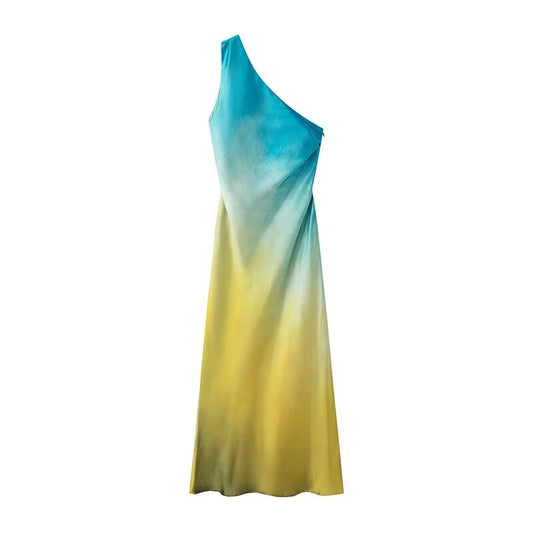 Autumn Women Clothing Elegant Slightly Mature Long Oblique Shoulder Tie Dyed Dress