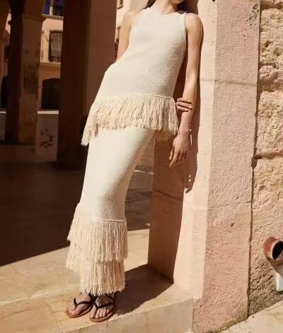 Fall Women Clothing Classic Knitted Vest Skirt Tassel Decorative Sleeveless Round Neck Hollow Out Cutout Skirt Suit