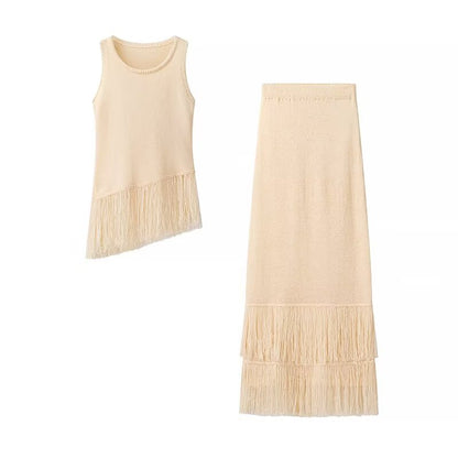Fall Women Clothing Classic Knitted Vest Skirt Tassel Decorative Sleeveless Round Neck Hollow Out Cutout Skirt Suit