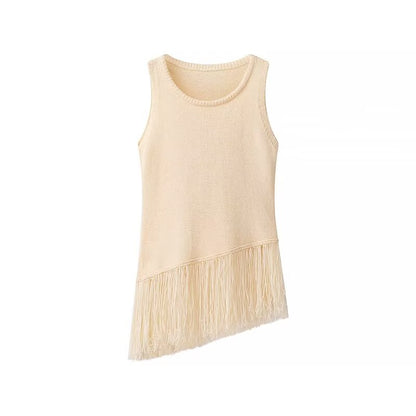 Fall Women Clothing Classic Knitted Vest Skirt Tassel Decorative Sleeveless Round Neck Hollow Out Cutout Skirt Suit