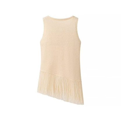 Fall Women Clothing Classic Knitted Vest Skirt Tassel Decorative Sleeveless Round Neck Hollow Out Cutout Skirt Suit
