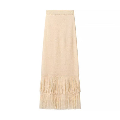 Fall Women Clothing Classic Knitted Vest Skirt Tassel Decorative Sleeveless Round Neck Hollow Out Cutout Skirt Suit