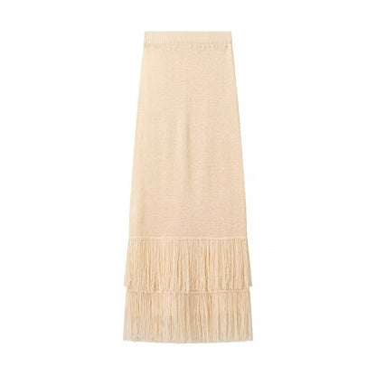 Fall Women Clothing Classic Knitted Vest Skirt Tassel Decorative Sleeveless Round Neck Hollow Out Cutout Skirt Suit