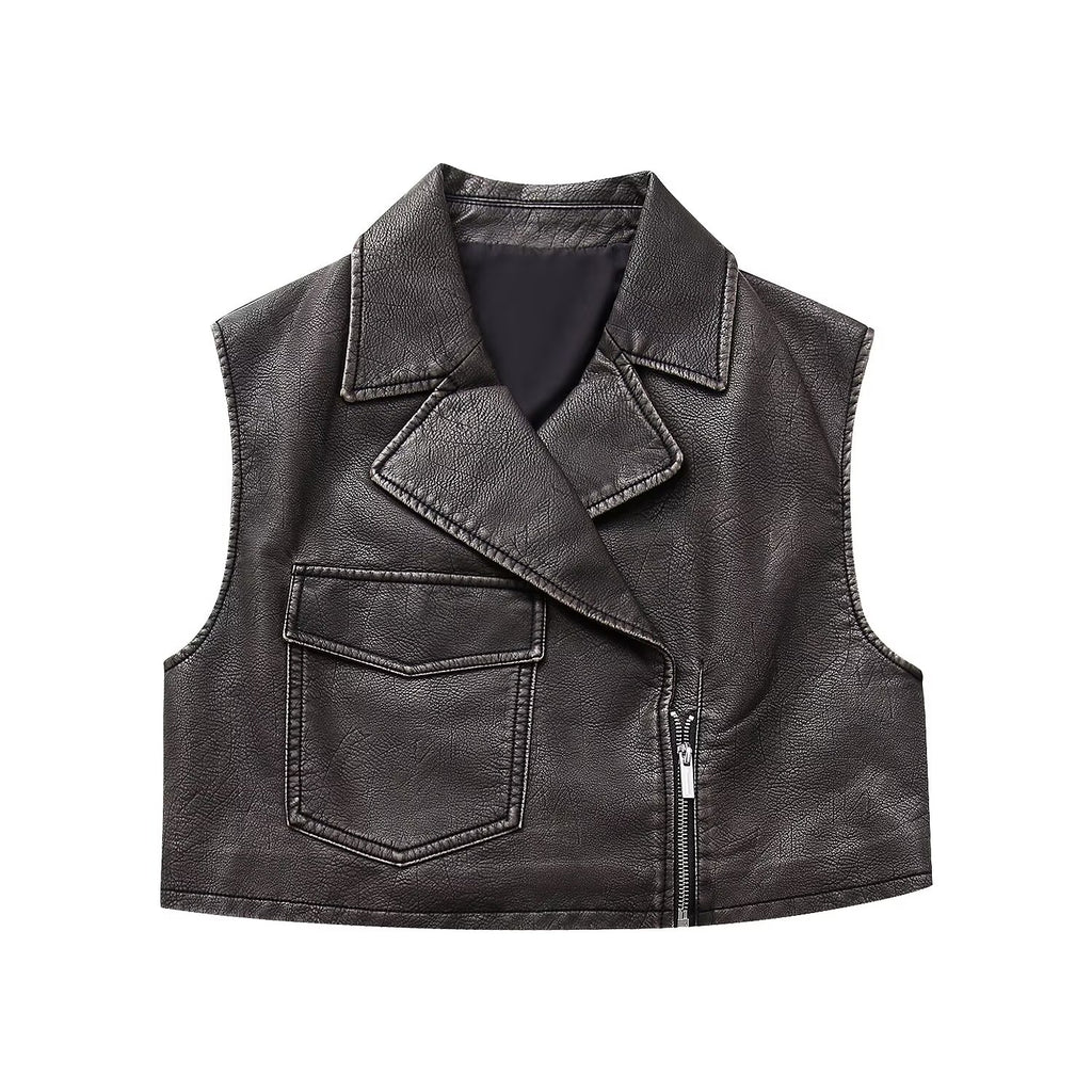 Women Clothing Autumn Vintage Vest Faux Leather Short Vest