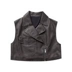 Women Clothing Autumn Vintage Vest Faux Leather Short Vest
