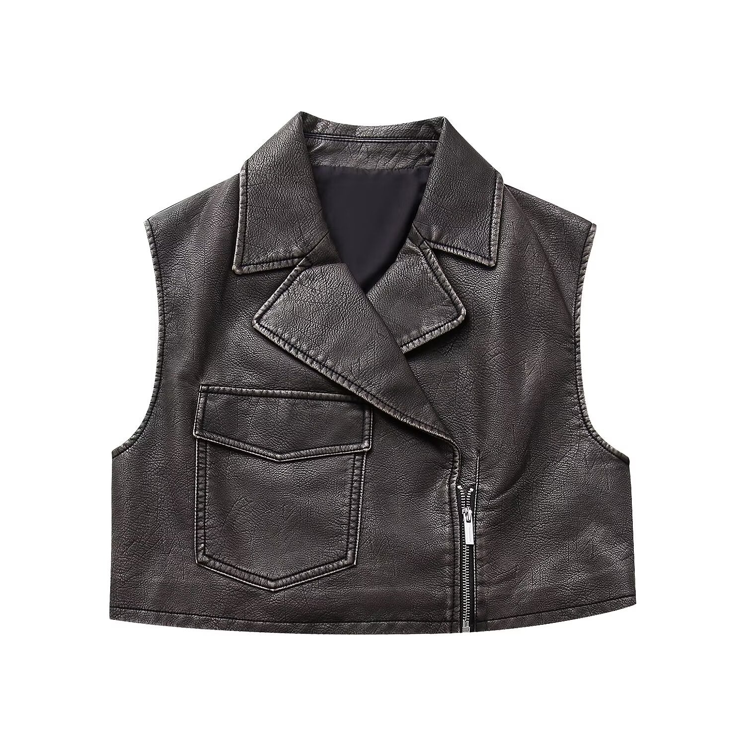 Women Clothing Autumn Vintage Vest Faux Leather Short Vest