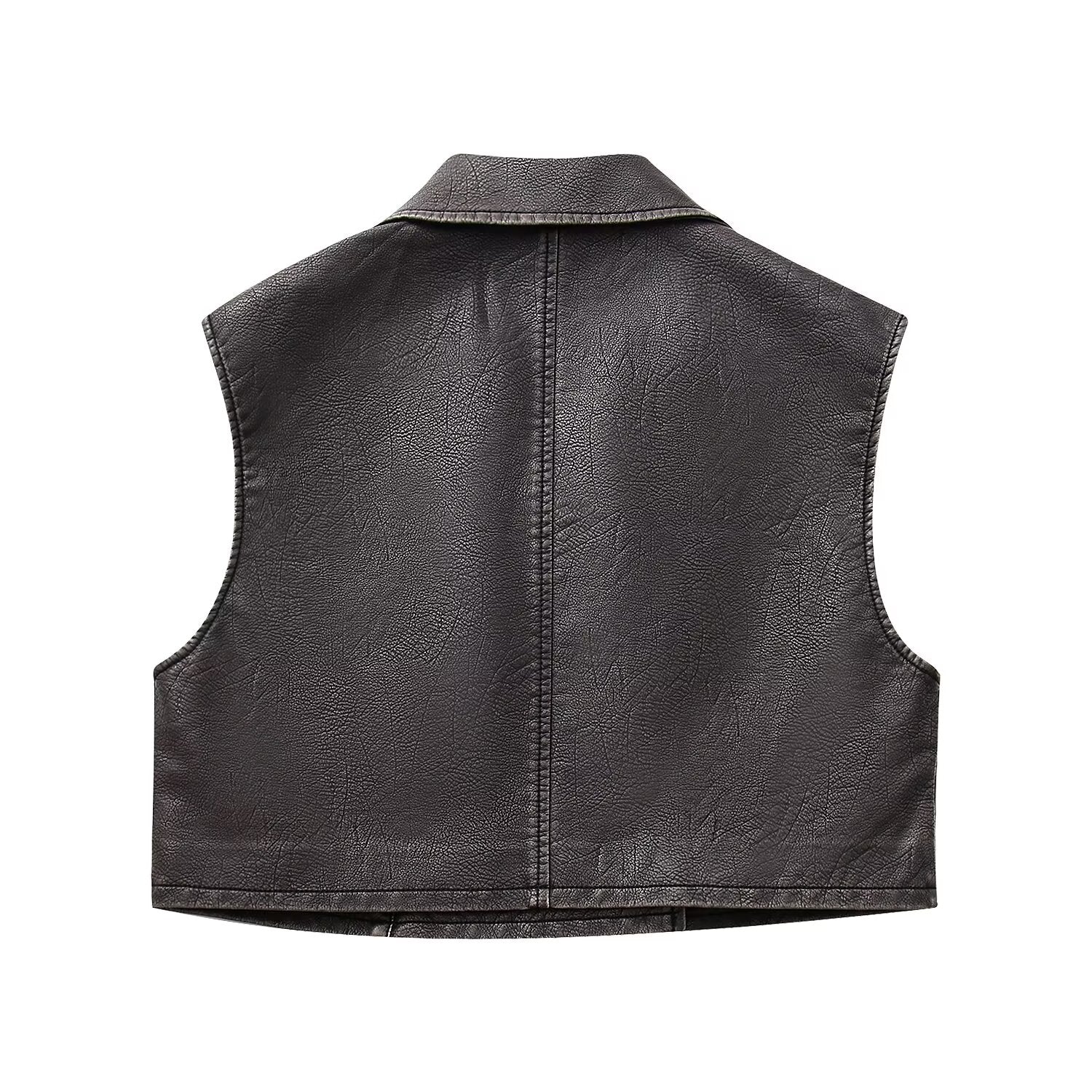 Women Clothing Autumn Vintage Vest Faux Leather Short Vest