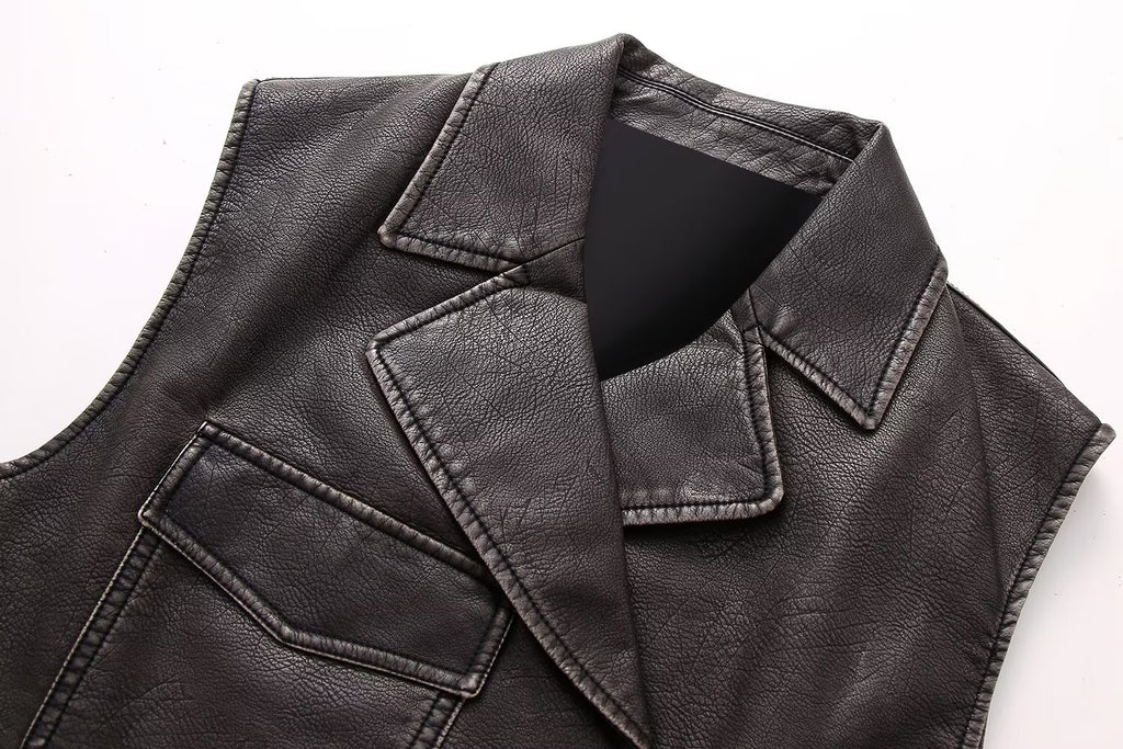 Women Clothing Autumn Vintage Vest Faux Leather Short Vest
