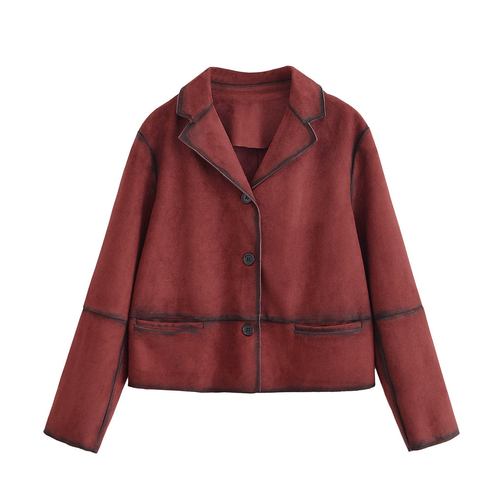 Women Clothing Autumn Street Contrast Color Decorative Suede Leather Jacket Coat