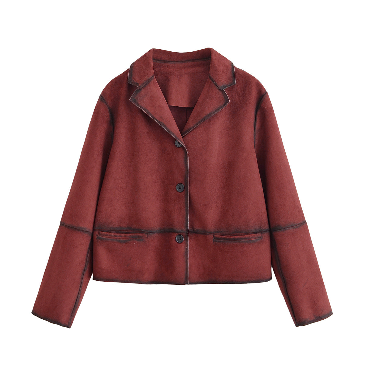 Women Clothing Autumn Street Contrast Color Decorative Suede Leather Jacket Coat