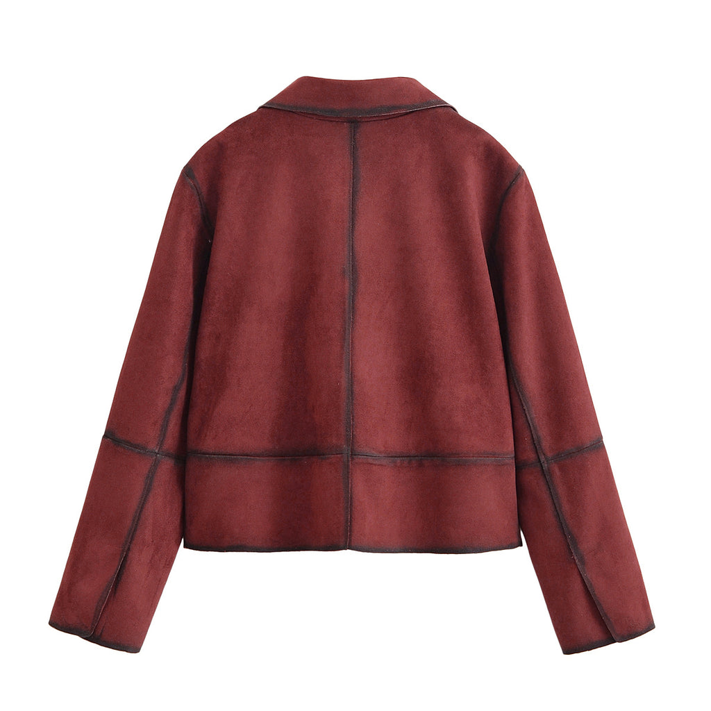 Women Clothing Autumn Street Contrast Color Decorative Suede Leather Jacket Coat