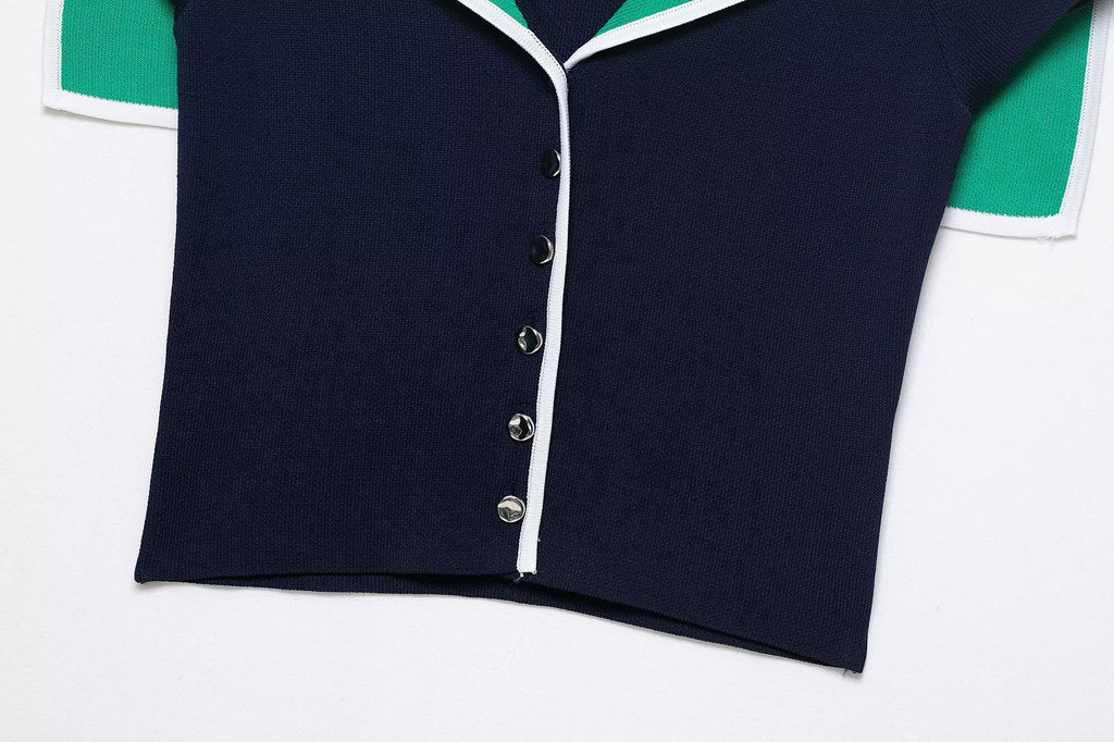 Colorblock Collared Slim Fit Short Knitted Top