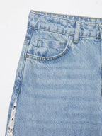 Women Clothing Spring Autumn Crochet Stitching High Waist Wide Leg Jeans