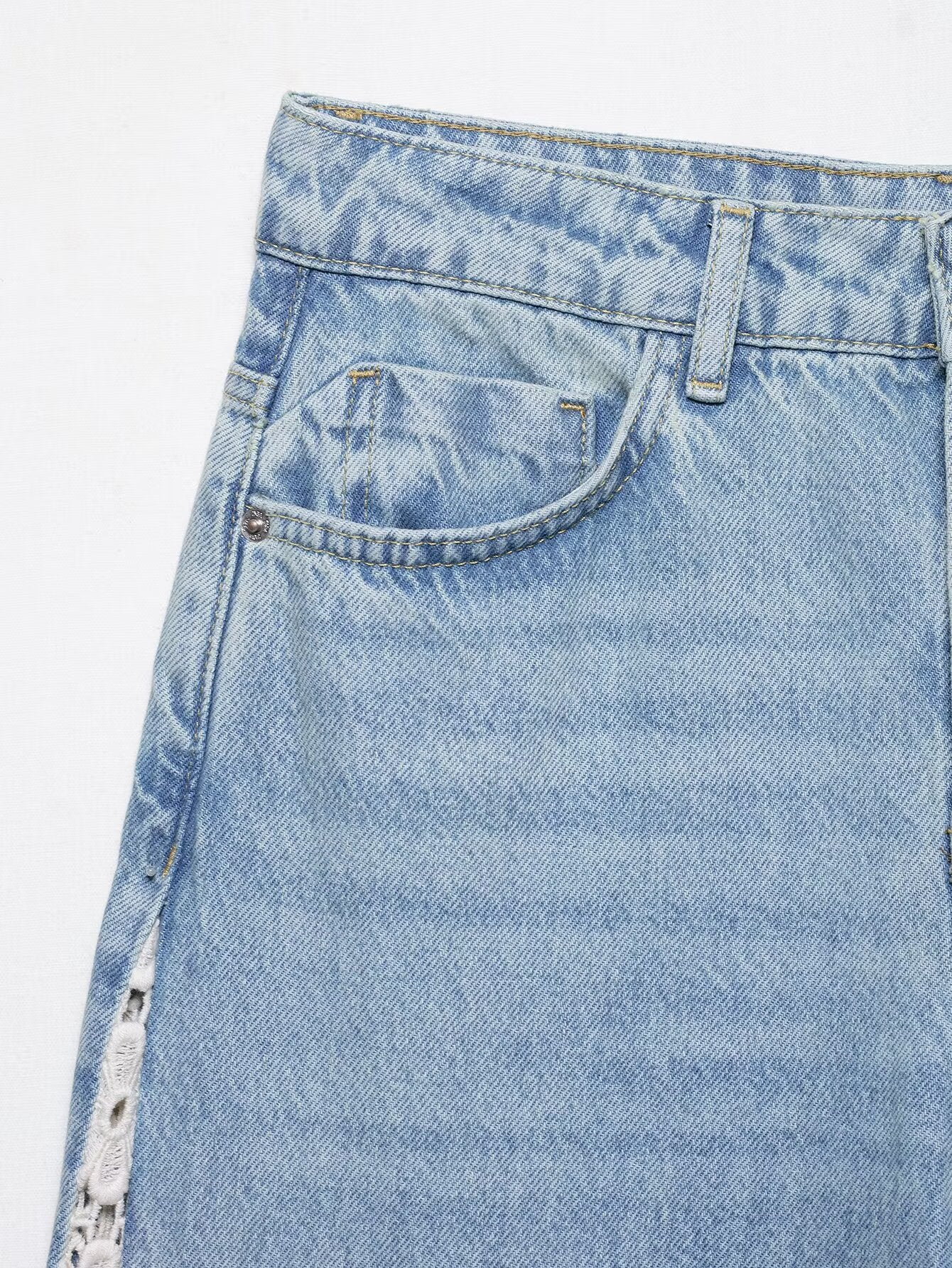 Women Clothing Spring Autumn Crochet Stitching High Waist Wide Leg Jeans