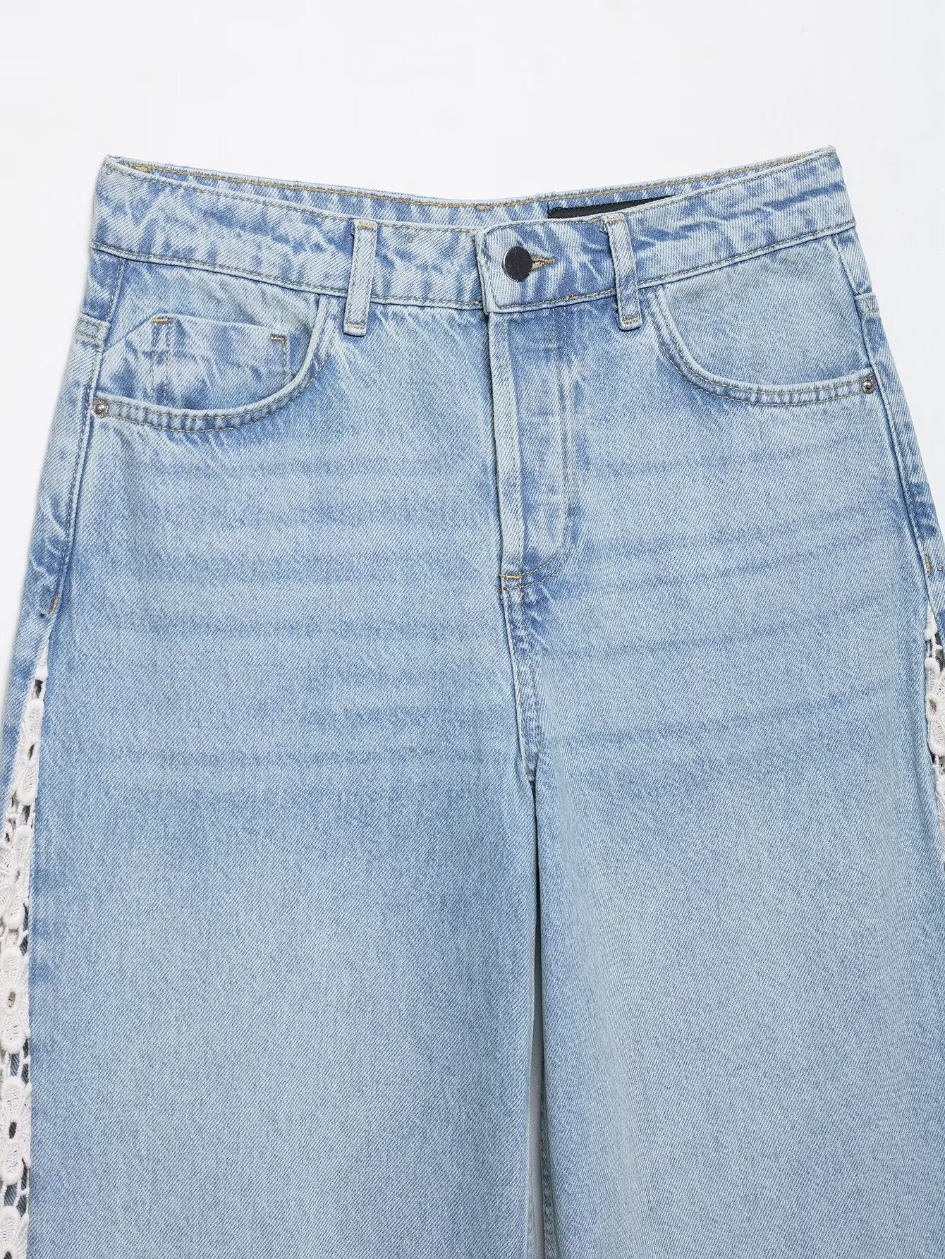 Women Clothing Spring Autumn Crochet Stitching High Waist Wide Leg Jeans