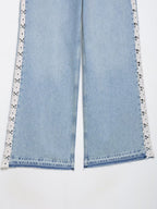 Women Clothing Spring Autumn Crochet Stitching High Waist Wide Leg Jeans