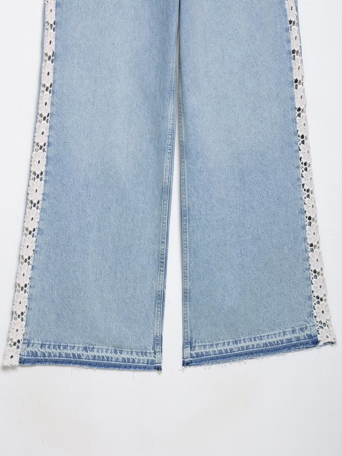 Women Clothing Spring Autumn Crochet Stitching High Waist Wide Leg Jeans