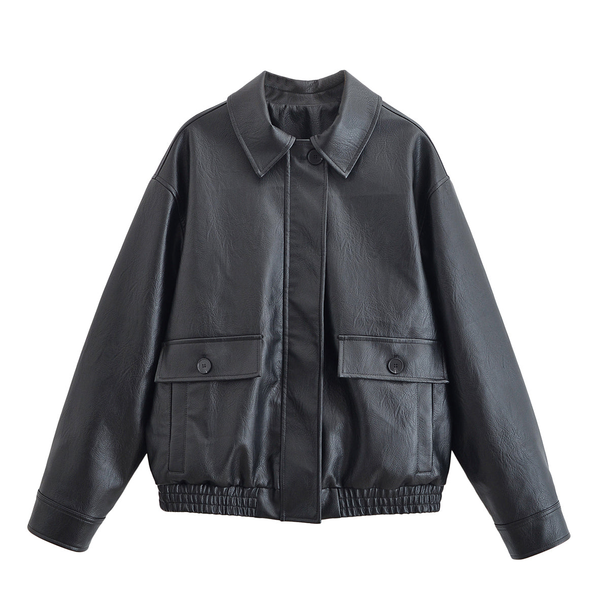 Autumn Winter Women Clothing Black Turn down Collar Jacket Leather Coat Women