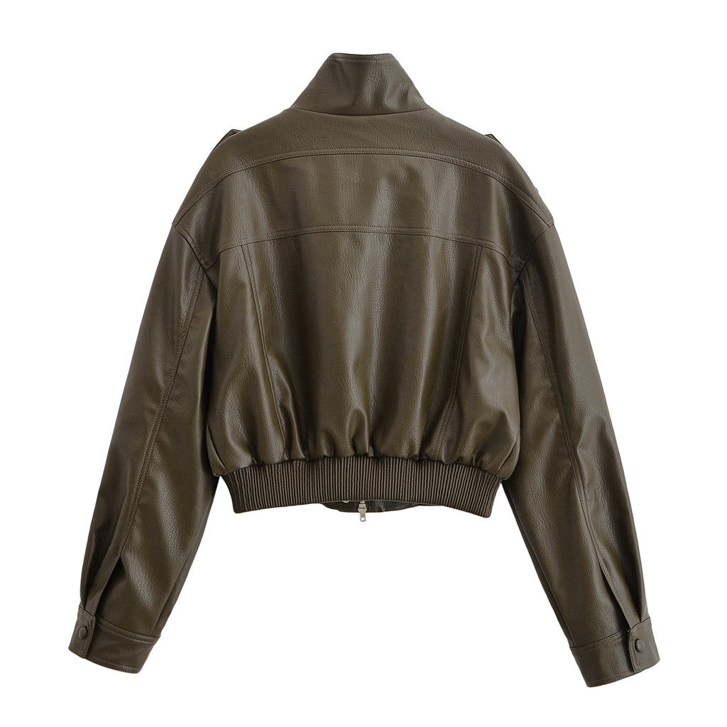 Women Clothing Casual Polo Collar Faux Leather Short Jacket