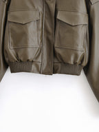 Women Clothing Casual Polo Collar Faux Leather Short Jacket