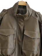 Women Clothing Casual Polo Collar Faux Leather Short Jacket