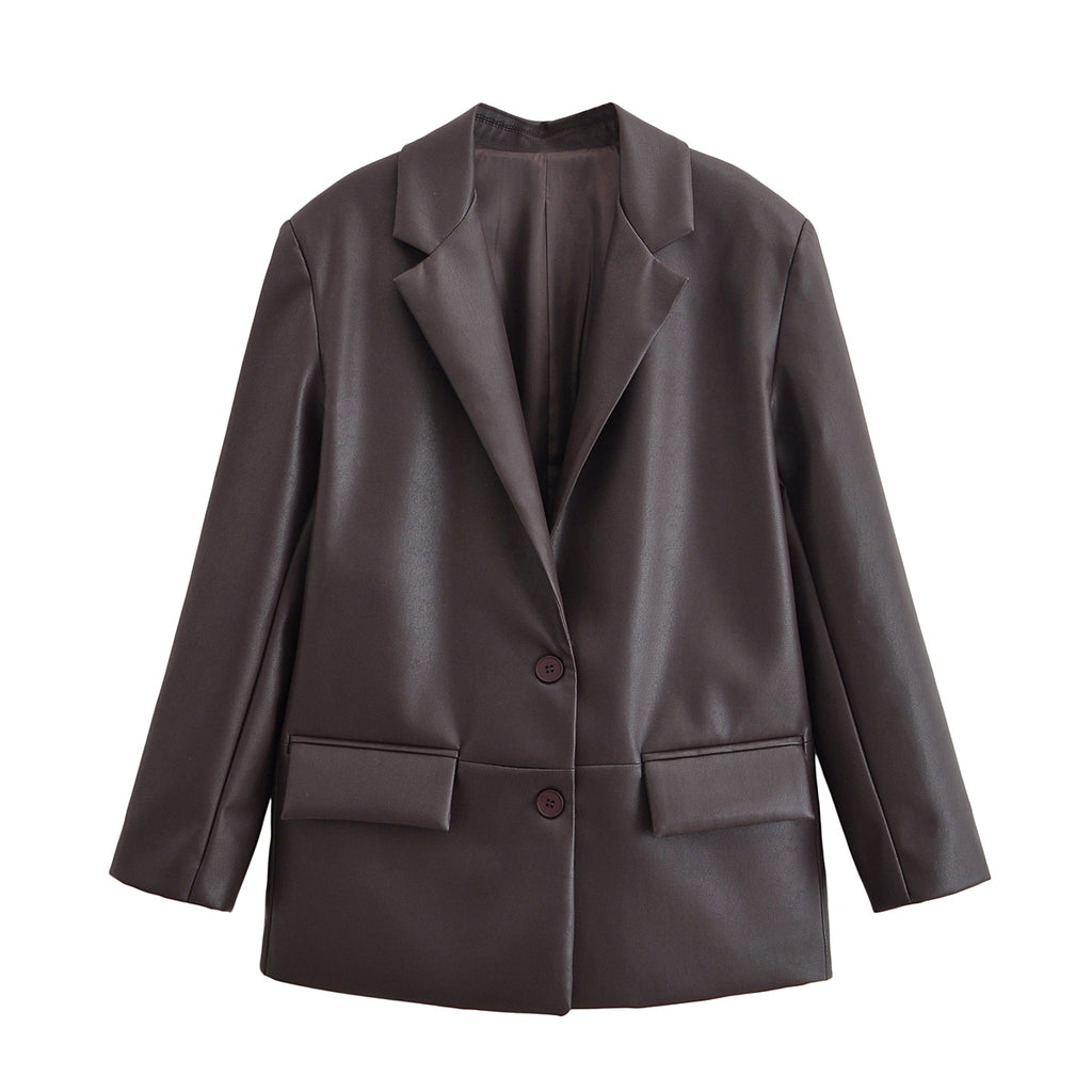 Leather Blazer Women Early Autumn Coat Retro Loose Casual Elegant Top