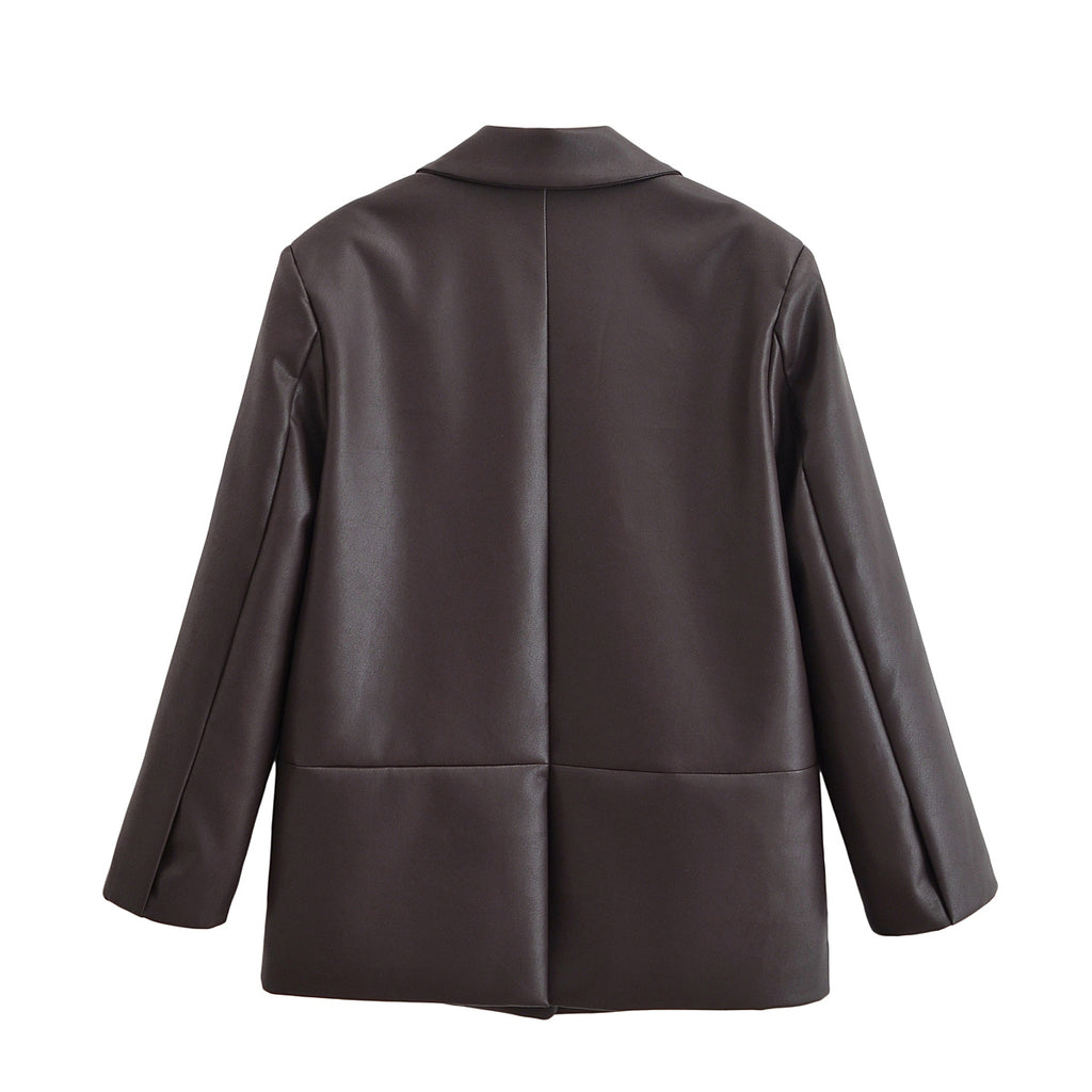 Leather Blazer Women Early Autumn Coat Retro Loose Casual Elegant Top