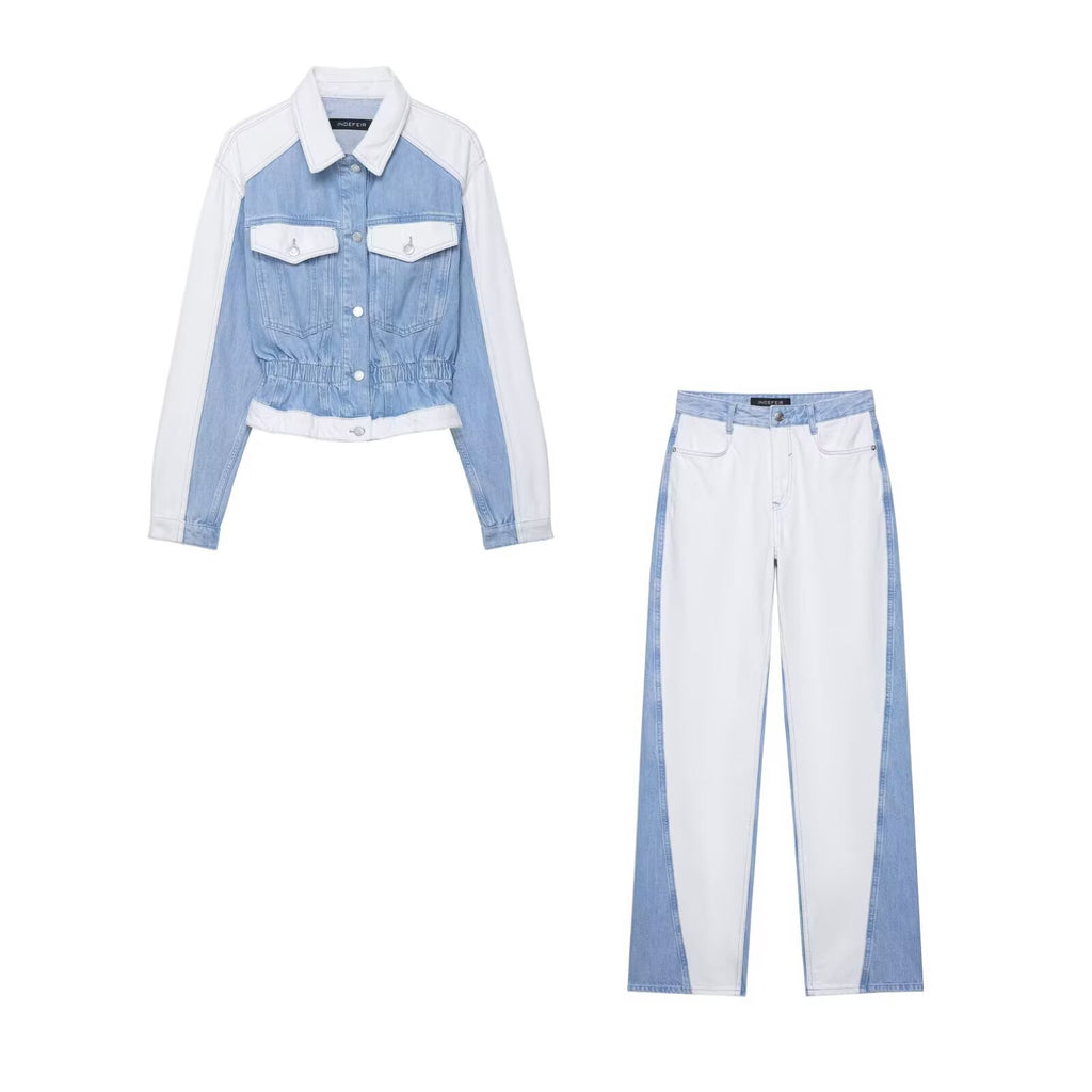 Early Autumn Women Clothing Patchwork Denim Jacket Mid Waist Stitching Jeans