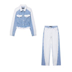 Early Autumn Women Clothing Patchwork Denim Jacket Mid Waist Stitching Jeans