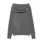 Women Clothing All Match Metal Inlaid Shoulder Baring Sweater