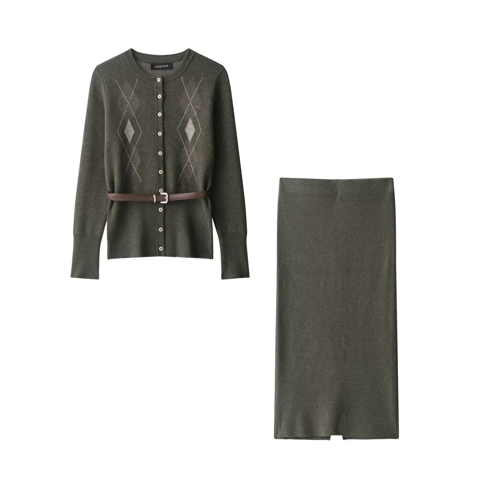 Women Clothing Popular Belt Diamond Pattern Knitted Coat Rib Midi Dress