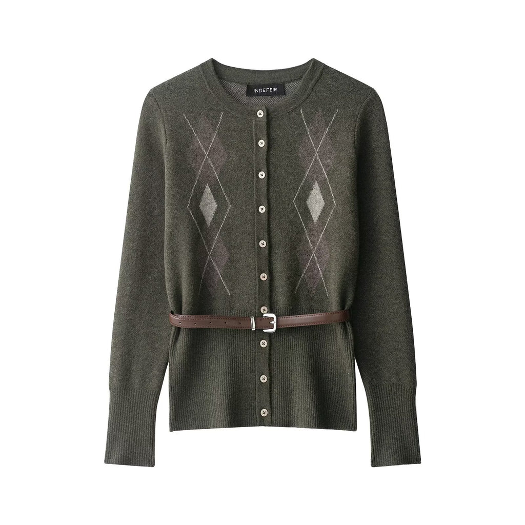 Women Clothing Popular Belt Diamond Pattern Knitted Coat Rib Midi Dress