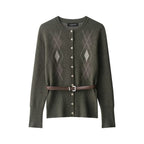 Women Clothing Popular Belt Diamond Pattern Knitted Coat Rib Midi Dress