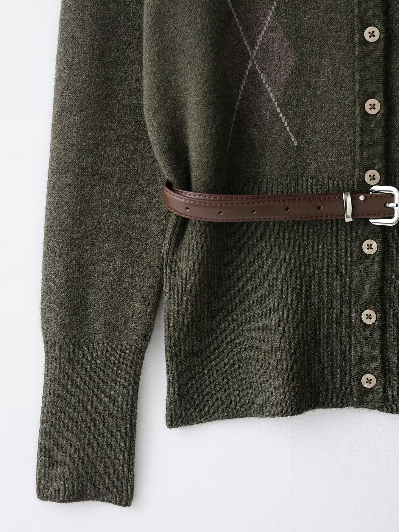 Women Clothing Popular Belt Diamond Pattern Knitted Coat Rib Midi Dress