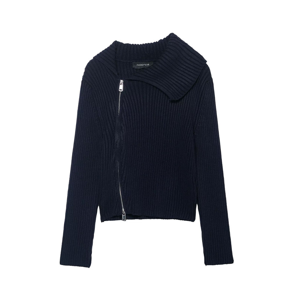 Women Clothing Autumn Zipper Rib Knitted Coat Sweater Cardigan Women