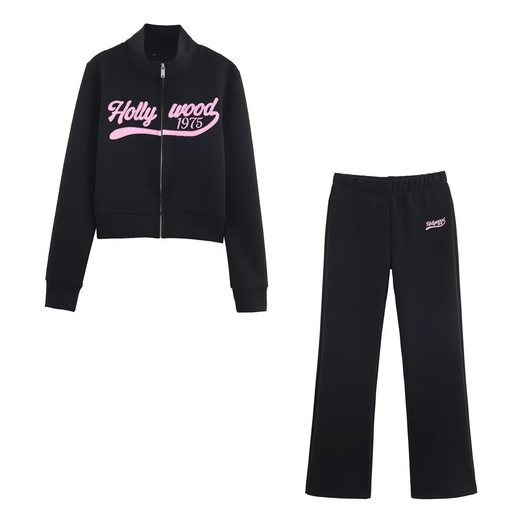 Women Clothing Autumn Casual Printing Zipper Sweater Bell Bottom Pants