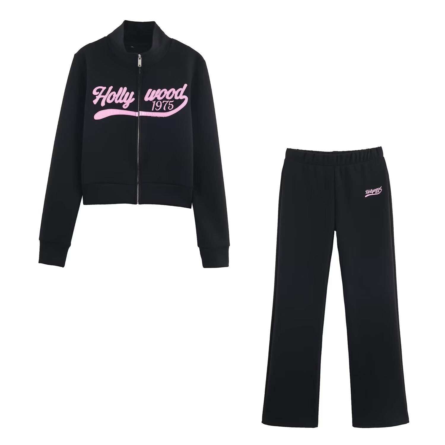 Women Clothing Autumn Casual Printing Zipper Sweater Bell Bottom Pants