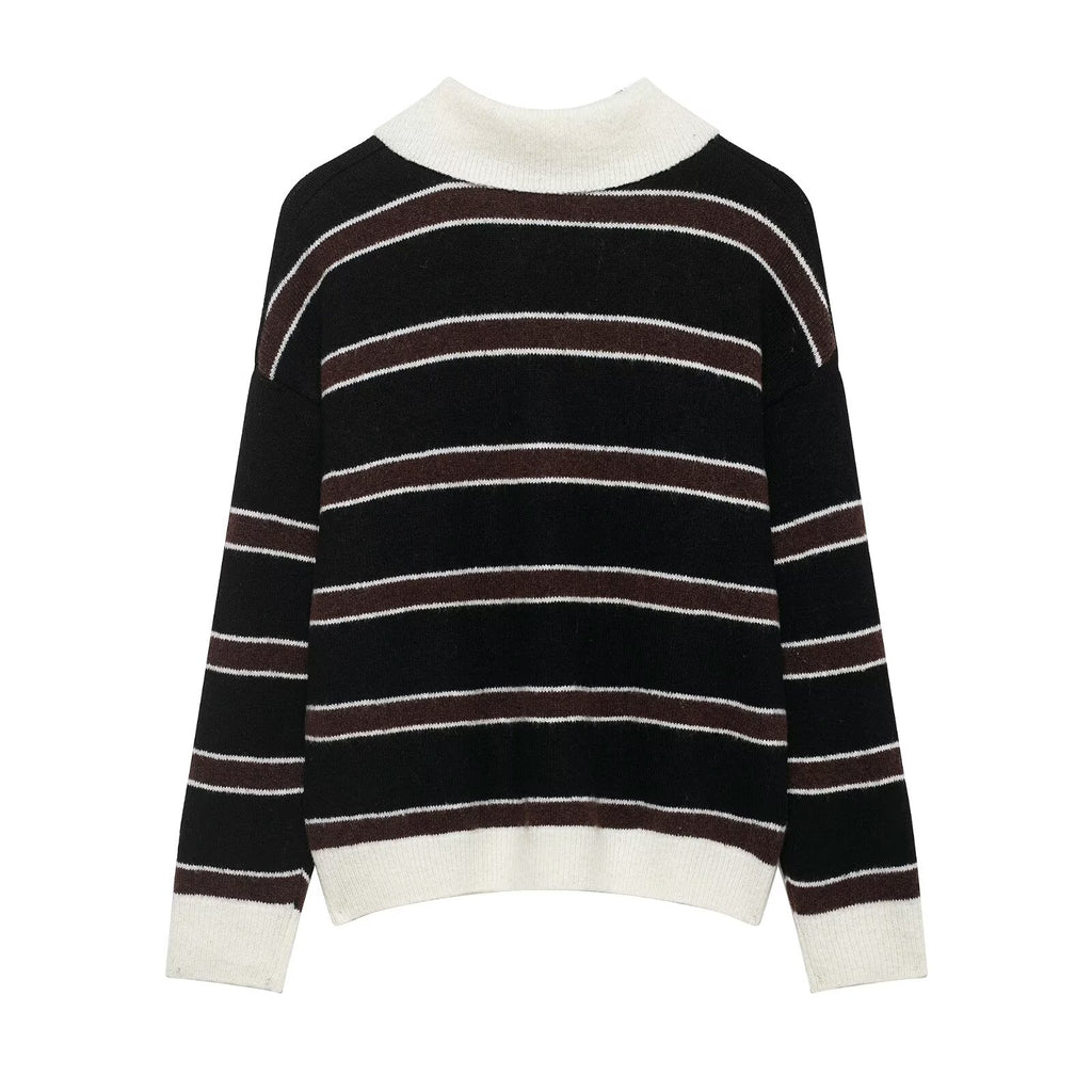 Women Clothing Spring Casual Loose Polo Collar Contrast Color Long Sleeves Striped Sweater