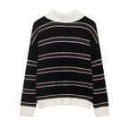 Women Clothing Spring Casual Loose Polo Collar Contrast Color Long Sleeves Striped Sweater