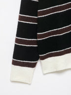 Women Clothing Spring Casual Loose Polo Collar Contrast Color Long Sleeves Striped Sweater