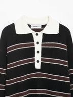 Women Clothing Spring Casual Loose Polo Collar Contrast Color Long Sleeves Striped Sweater