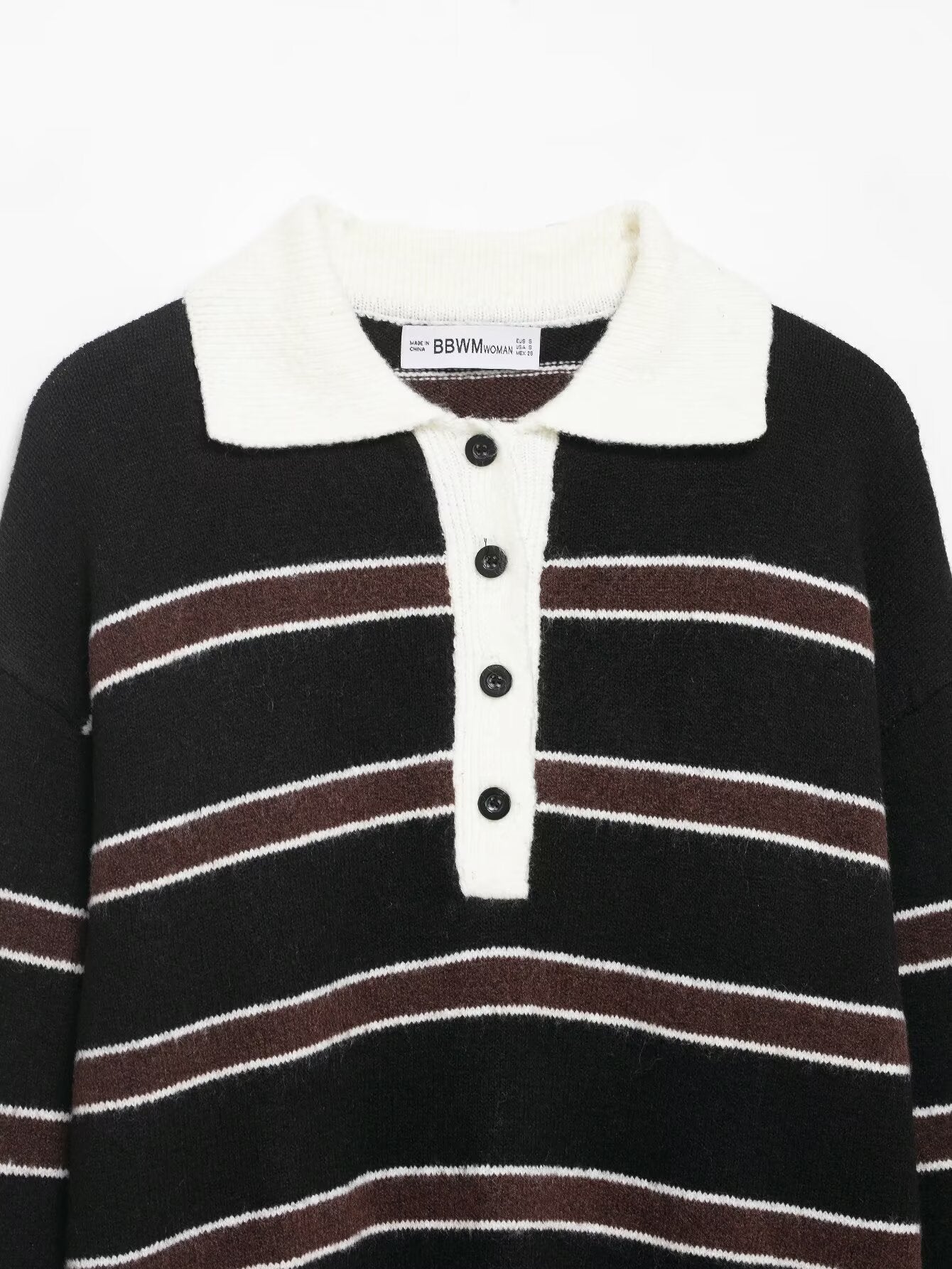 Women Clothing Spring Casual Loose Polo Collar Contrast Color Long Sleeves Striped Sweater