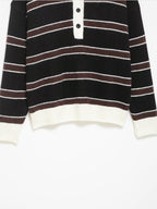 Women Clothing Spring Casual Loose Polo Collar Contrast Color Long Sleeves Striped Sweater